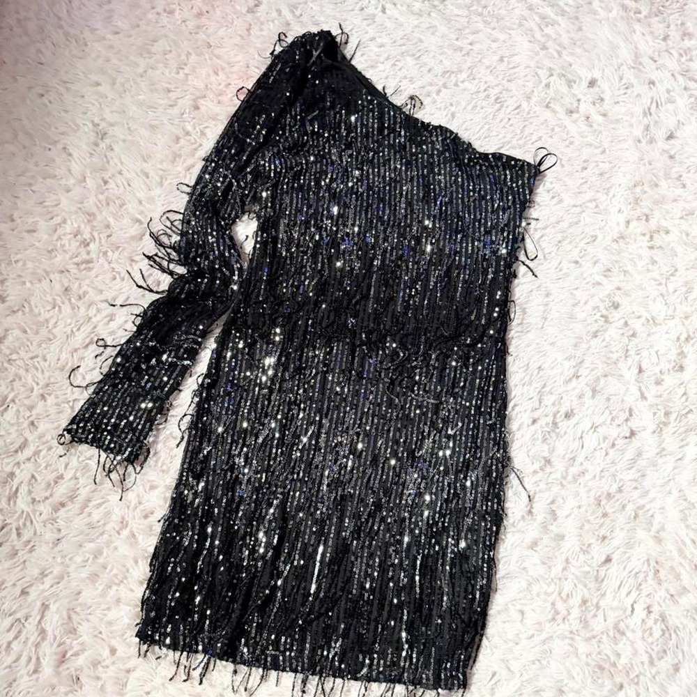 One Shoulder Old Hollywood Sequin Flapper Fringe Glam Hoco Dress Womens XL Retro
